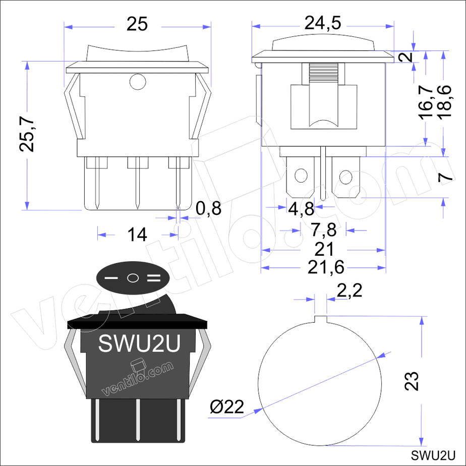Schalter SWU2U 2x Ein/Aus/Ein 6polig •