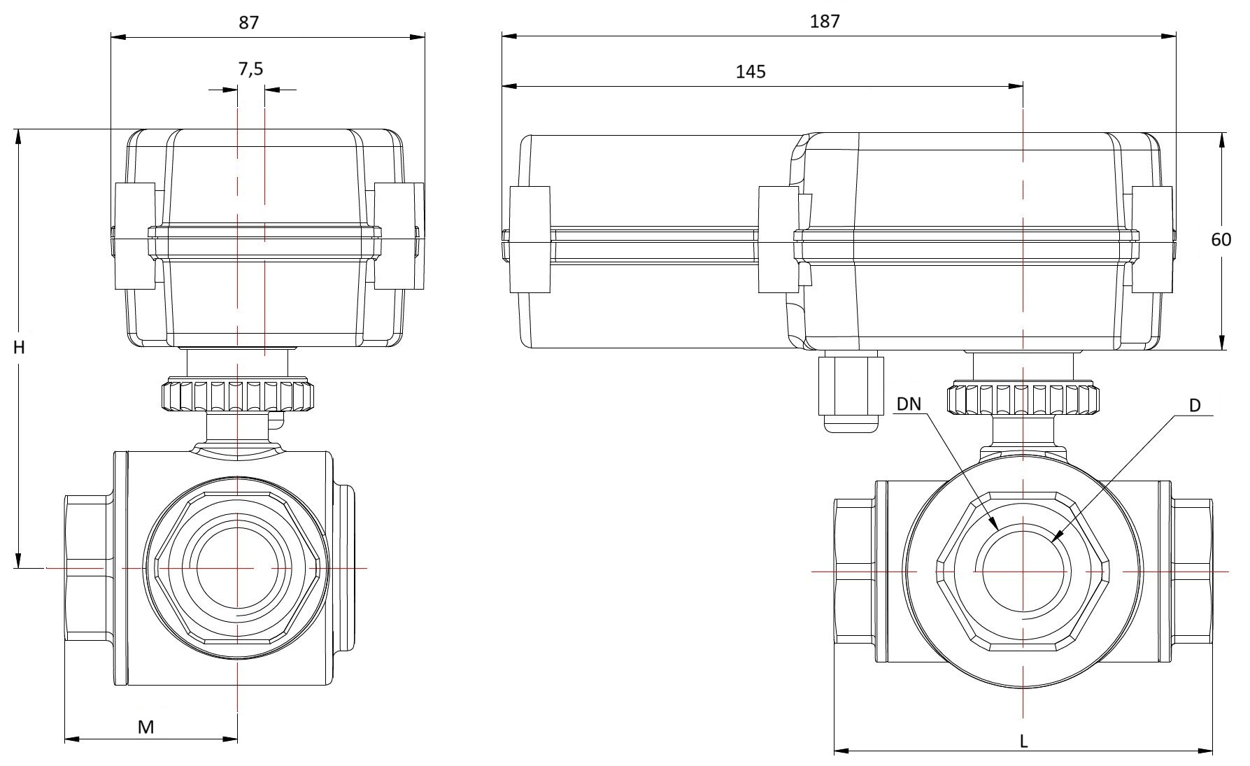 technische Zeichnung Serie 69 Antrieb und 3wege Körper. Ansicht von vorne und von der Seite.
