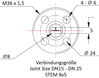 technische Zeichnung Serie 69 Ventil Antrieb Verbinder STEM 8x5 für die Größe DN15 bis DN25