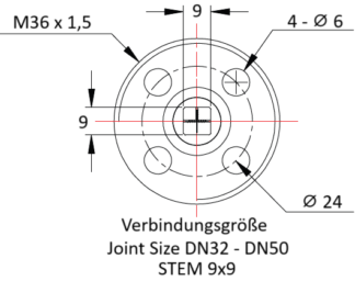 technische Zeichnung Serie 69 Ventil Antrieb Verbinder STEM 9x9 für die Größe DN32 bis DN50